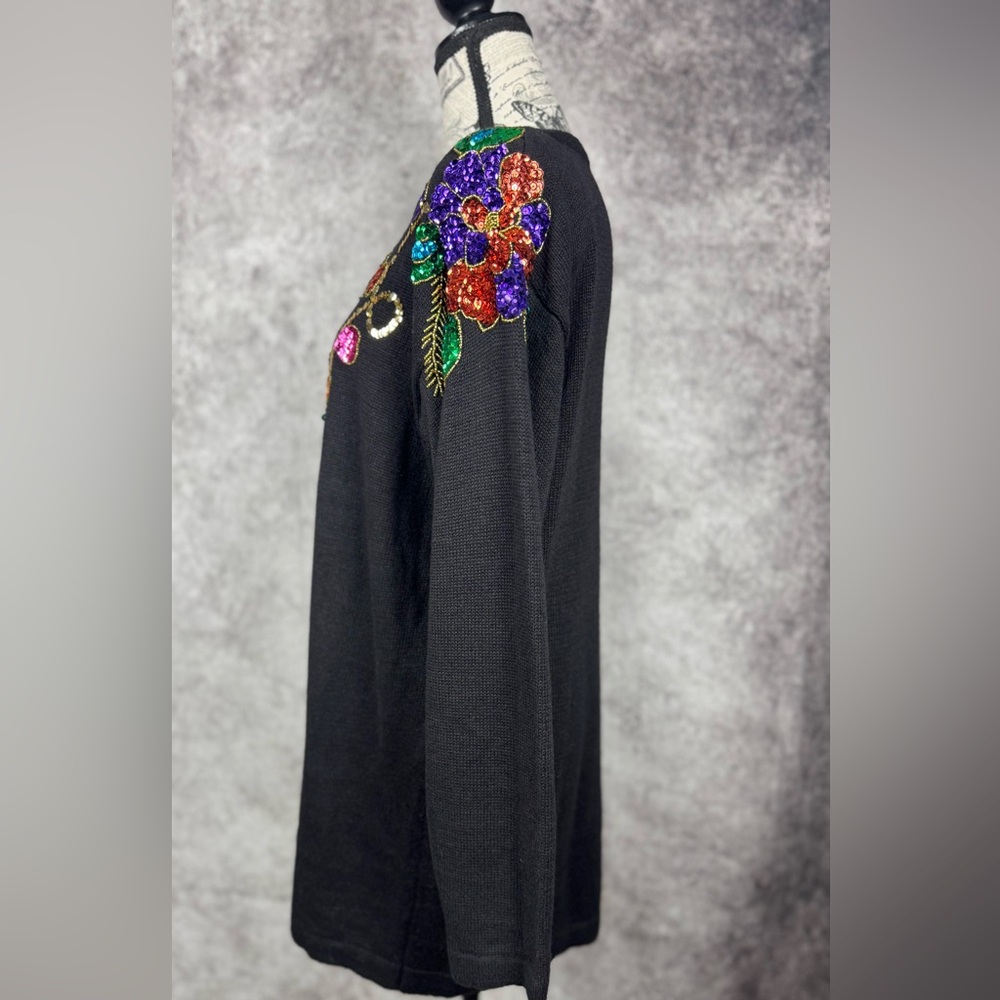 Vintage SML Sport Embellished Tunic Sweater M | Artwear Jewel Tone Beaded Floral - Picture 8 of 12